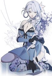 Rule 34 | absurdres, asymmetrical hair, back bow, bandaged arm, bandaged leg, bandages, black gloves, bow, braid, braided hair rings, breasts, cleavage, floral background, flower, full body, gloves, grey hair, hair flower, hair ornament, hair rings, half-closed eyes, hand on own arm, high heels, highres, hora k, kaine (nier), kneeling, large breasts, lily (flower), lingerie, negligee, nier (series), swept bangs, underwear, yellow eyes
