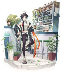 Rule 34 | 1boy, absurdres, ahoge, alternate costume, arm tattoo, black hair, black pants, character doll, coffee, coffee beans, cup, disposable cup, facial mark, forehead mark, genshin impact, green hair, highres, holding, holding cup, jacket, leaf, leg up, male focus, open clothes, open jacket, orange eyes, pants, plant, potted plant, sandals, sleeveless, slime (genshin impact), solo, standing, standing on one leg, stool, tassel, tattoo, vines, xiao (genshin impact), yuitonoel, zhongli (genshin impact)