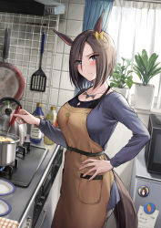 Rule 34 | 1girl, air groove (umamusume), animal ears, apron, blue eyes, blue shirt, blush, bob cut, bow, brown hair, collarbone, commentary request, cooking, cowboy shot, flower pot, from side, frown, hair over one eye, hand on own hip, highres, holding, holding ladle, horse ears, horse tail, inverted bob, jewelry, kitchen, kuguri oimo, ladle, looking at viewer, necklace, pants, shirt, short hair, solo, standing, sweatdrop, tail, umamusume, yellow bow
