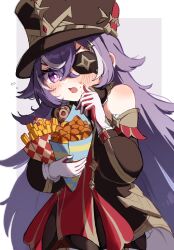 Rule 34 | 1girl, bare shoulders, black hat, blush, chevreuse (genshin impact), commentary request, detached sleeves, dress, earmuffs, earmuffs around neck, food, french fries, genshin impact, hair between eyes, hat, highres, holding, holding food, long hair, long sleeves, looking at viewer, multicolored hair, nanakusa yomogi, open mouth, purple eyes, purple hair, shako cap, short dress, solo, streaked hair, very long hair, white hair