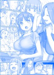 Rule 34 | 1boy, 3girls, ^^^, ai-chan&#039;s mother (tawawa), ai-chan&#039;s sister (tawawa), ai-chan (tawawa), apron, bath, blue theme, breasts, closed eyes, collarbone, comic, commentary request, constricted pupils, food, getsuyoubi no tawawa, glasses, hime cut, himura kiseki, large breasts, long hair, microphone, monochrome, mother and daughter, multiple girls, news, old, old man, one eye closed, open mouth, phone, plate, popsicle, short hair, shoulder massage, side ponytail, silent comic, smile, star (symbol), surprised, sweatdrop, television, towel, towel on head, wet