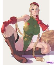 Rule 34 | 1girl, arttoru, bare legs, blonde hair, blue eyes, bodypaint, braid, breasts, cameltoe, cammy white, capcom, cowboy shot, curvy, gloves, green leotard, hat, highleg, highleg leotard, highres, large breasts, leotard, lips, long hair, red gloves, red hat, scar, scar on face, shiny skin, simple background, sitting, solo, street fighter, thong leotard, twin braids, very long hair