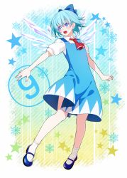 Rule 34 | circled 9, 1girl, ascot, blue dress, blue eyes, blue hair, blue skirt, bow, cirno, dress, hair bow, ice, ice wings, mary janes, matching hair/eyes, open mouth, puffy sleeves, satoshiheart, shirt, shoes, short hair, short sleeves, skirt, solo, star (symbol), striped, striped background, touhou, wings