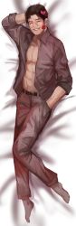 Rule 34 | 1girl, abs, absurdres, barefoot, bow, commentary, dakimakura (medium), dokuro deluxe, flower, flower in mouth, grin, hair bow, hand in pocket, highres, hololive, looking at viewer, male focus, mouth hold, muscular, muscular male, open clothes, open shirt, rose, smile, solo, teeth, what, yagoo