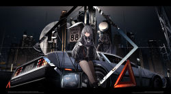Rule 34 | 1girl, absurdres, album cover, animal ears, back to the future, black jacket, black shorts, black sky, black socks, black sweater, building, car, commentary request, cover, crossover, delorean, english text, full moon, grey hair, haguruma c, highres, holding, jacket, lanyard, letterboxed, long hair, looking at viewer, moon, motor vehicle, night, night sky, off shoulder, open clothes, open jacket, open mouth, original, rabbit ears, red eyes, ribbed sweater, scenery, security camera, short shorts, shorts, sky, socks, solo, standing, sweater, television, time machine, turtleneck, vehicle focus
