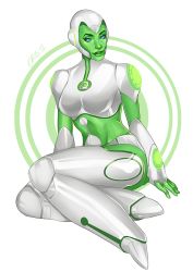 Rule 34 | 10s, 1girl, 2012, android, armor, aya (green lantern), blue eyes, breastplate, colored skin, dc comics, full body, green lantern, green lantern (series), green skin, helmet, highres, joints, midriff, neon trim, parted lips, robot joints, simple background, sitting, solo, white background