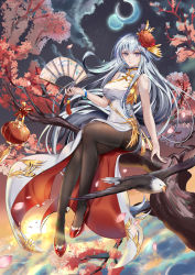 Rule 34 | 1girl, absurdres, asymmetrical clothes, azur lane, bald eagle, bird, black pantyhose, breasts, china dress, chinese clothes, dress, eagle, earrings, enterprise (azur lane), enterprise (blooming peony) (azur lane), flower, folding fan, full moon, gold trim, hair flower, hair ornament, hand fan, highres, holding, holding fan, jewelry, lantern, large breasts, long hair, looking at viewer, moon, official alternate costume, outdoors, pantyhose, paper lantern, petals, pink flower, purple eyes, red flower, red footwear, sabou san-shitsu kokoro, shoes, side slit, silver hair, sitting, sitting on branch, sleeveless, sleeveless dress, solo, thighband pantyhose, very long hair