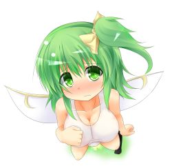 Rule 34 | 1girl, blush, breasts, cleavage, daiyousei, green eyes, green hair, highres, large breasts, matching hair/eyes, one-piece swimsuit, side ponytail, solo, swimsuit, touhou, transparent background, us2s, wings