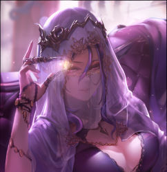 Rule 34 | 1girl, blurry, blurry background, breasts, claw ring, cleavage, hair between eyes, highres, long hair, looking at viewer, medium breasts, mouth veil, original, pink hair, purple hair, see-through, solo, upper body, veil, yi cat