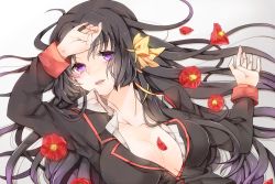 Rule 34 | 1girl, arm up, black hair, breasts, camellia, cleavage, collarbone, flower, hand on own forehead, juri (nattoutomato), kurugaya yuiko, large breasts, little busters!, long hair, long sleeves, looking at viewer, lying, on back, open mouth, petals, purple eyes, solo, upper body, very long hair