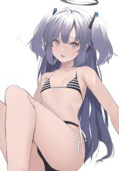 Rule 34 | 1girl, absurdres, armpit crease, bikini, black bikini, blue archive, blue hair, blush, breasts, embarrassed, feet out of frame, furrowed brow, grey eyes, halo, highres, long hair, looking at viewer, open mouth, side-tie bikini bottom, simple background, sitting, small breasts, solo, string bikini, striped bikini, striped clothes, sweatdrop, swimsuit, thighs, two side up, unfinished, white background, xochi (nueeen6978), yuuka (blue archive)