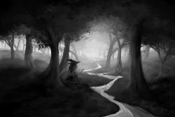 Rule 34 | 1girl, broom, forest, forest of magic, greyscale, hat, kirisame marisa, long hair, monochrome, nature, scenery, stream, touhou, tree, witch hat, zarisu