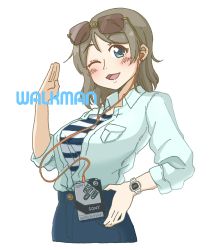 Rule 34 | 1girl, ;), absurdres, aqua eyes, artist name, artist request, blue eyes, blue pants, blush, breasts, brown hair, collarbone, earrings, female focus, glasses, glasses on head, grey hair, hair between eyes, headphones, highres, jewelry, light brown hair, looking at viewer, love live!, love live! sunshine!!, medium breasts, one eye closed, pants, salute, shirt, short hair, smile, solo, sony, striped clothes, striped shirt, watanabe you, watch, white background, white shirt