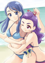 Rule 34 | 00s, 2girls, arm up, bare arms, bare legs, bare shoulders, beach, bikini, blue bikini, blue eyes, blue hair, blush, breasts, clenched hand, closed mouth, couple, female focus, hug, hug from behind, legs, long hair, looking at another, midriff, milk (yes! precure 5), mimino kurumi, minazuki karen, multiple girls, one eye closed, outdoors, parted lips, precure, purple bikini, purple eyes, purple hair, satogo, small breasts, smile, swimsuit, wavy hair, wink, yes! precure 5, yes! precure 5 gogo!, yuri