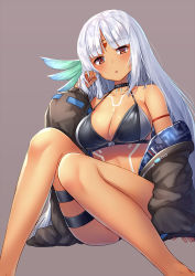 Rule 34 | 1girl, arm strap, arm support, ass, azur lane, baggy clothes, bare shoulders, bikini, bikini top only, bikini under clothes, black jacket, blush, breasts, choker, cleavage, dark-skinned female, dark skin, feather hair ornament, feathers, hair ornament, hand in own hair, jacket, large breasts, long hair, long sleeves, looking at viewer, massachusetts (azur lane), multicolored hair, native american, navel, off shoulder, open clothes, open jacket, open mouth, pensuke, purple background, sidelocks, silver hair, simple background, sitting, skindentation, solo, swimsuit, swimsuit under clothes, tan, thigh strap, thighs, unzipped
