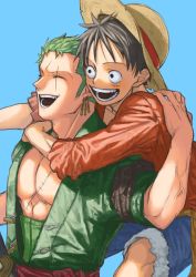 Rule 34 | abs, bad id, bad twitter id, black eyes, black hair, blue background, closed eyes, earrings, from side, fur trim, green hair, hat, highres, hug, hug from behind, japanese clothes, jewelry, katana, kimono, long sleeves, male focus, monkey d. luffy, multiple boys, muscular, mutual hug, one piece, open clothes, open kimono, open mouth, pectoral cleavage, pectorals, roronoa zoro, scar, scar across eye, scar on chest, scar on face, shorts, smile, straw hat, sword, toned, toned male, upper body, urasanmyaku, veins, weapon