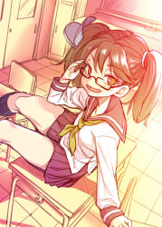 Rule 34 | 10s, 1girl, alternate costume, bespectacled, brown eyes, brown hair, classroom, desk, fang, glasses, kantai collection, long hair, looking at viewer, neckerchief, on desk, open mouth, ryuujou (kancolle), school, school uniform, serafuku, sitting, on desk, skirt, smile, solo, twintails, uousa-ou
