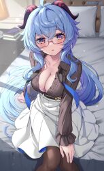 Rule 34 | 1girl, ahoge, bed, bedroom, black pantyhose, black shirt, blue hair, blush, book, bra, breasts, commentary request, desk lamp, frilled sleeves, frills, ganyu (china merchants bank) (genshin impact), ganyu (genshin impact), genshin impact, glasses, goat horns, high-waist skirt, highres, horns, lamp, long hair, long sleeves, looking at viewer, medium breasts, official alternate costume, open clothes, open shirt, pantyhose, partial commentary, pillow, pink bra, ponnyu12, purple eyes, red-framed eyewear, semi-rimless eyewear, shirt, skirt, sunlight, underwear