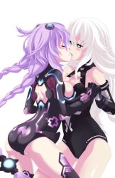 Rule 34 | 10s, 2girls, ass, black heart (neptunia), blue eyes, blush, braid, breast press, breasts, cleavage, cleavage cutout, clothing cutout, elbow gloves, closed eyes, female focus, ge-b, gloves, green eyes, holding hands, kiss, large breasts, leotard, long hair, multiple girls, neptune (neptunia), neptune (series), noire (neptunia), open mouth, purple hair, purple heart (neptunia), symbol-shaped pupils, symmetrical docking, thighhighs, twin braids, very long hair, white hair, yuri