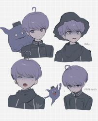 Rule 34 | 1boy, ahoge, black headwear, black jacket, closed eyes, closed mouth, commentary request, cropped torso, crown, d:, expressions, frown, ghost, hai (haihki), hat, highres, jacket, looking at another, looking at viewer, male focus, master detective archives: rain code, multiple views, open mouth, purple eyes, purple hair, scared, shinigami (ghost) (rain code), shinigami (rain code), short hair, smile, sweatdrop, turn pale, upper body, yuma kokohead