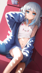 Rule 34 | 1girl, absurdres, blue eyes, blue hair, blunt bangs, blush, closed mouth, fins, fish tail, gawr gura, hair ornament, highres, hololive, hololive english, long hair, long sleeves, looking at viewer, multicolored hair, navel, off shoulder, open mouth, shark girl, shark hair ornament, shark tail, shrimp, sleeves past wrists, solo, streaked hair, tail, tank top, tfqr, two side up, virtual youtuber, white hair, white tank top