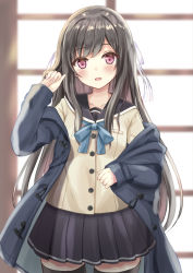 Rule 34 | 1girl, :d, black hair, black jacket, black sailor collar, black skirt, black thighhighs, blue bow, blurry, blurry background, bow, brown shirt, commentary request, cowboy shot, depth of field, hair bow, head tilt, jacket, long hair, long sleeves, looking at viewer, motoi ayumu, off shoulder, open clothes, open jacket, open mouth, original, pleated skirt, red eyes, sailor collar, shirt, skirt, sleeves past wrists, smile, solo, thighhighs, very long hair, white bow