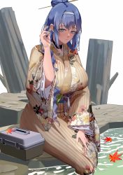 Rule 34 | 1girl, black choker, blue hair, blush, breasts, choker, closed mouth, dp-12 (girls&#039; frontline), dp-12 (keeper of the sanzu river) (girls&#039; frontline), girls&#039; frontline, grey eyes, hair bun, hair ornament, hairband, hairclip, hand in own hair, highres, japanese clothes, kimono, large breasts, light smile, lips, long hair, looking at viewer, official alternate costume, on water, petals, shinoda giri, sitting, solo, tree, twitter username, water, white hairband, wide sleeves, yukata