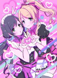 Rule 34 | 2girls, apron, ayase eli, blonde hair, blue eyes, bow, commentary, earrings, english commentary, flower earrings, green eyes, hair ornament, hair scrunchie, heart, heart hands, heart hands duo, highres, jewelry, long hair, love live!, love live! school idol project, low twintails, maid headdress, maumauma mau, multiple girls, ponytail, puffy short sleeves, puffy sleeves, purple bow, purple hair, scrunchie, short sleeves, smile, swept bangs, tojo nozomi, twintails, valentine, wrist cuffs