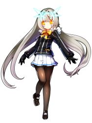 Rule 34 | 1girl, black gloves, black hair, black sweater, bow, bowtie, code: battle seraph (elsword), elsword, eve (elsword), facial mark, floating hair, full body, gloves, leg up, long hair, looking at viewer, miniskirt, panties, pantyhose, pleated skirt, shiny clothes, silver hair, skirt, solo, sweater, transparent background, twintails, underwear, very long hair, white skirt, willitansov2, yellow bow, yellow bowtie, yellow eyes