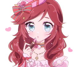 Rule 34 | 1girl, beret, blue eyes, blush, bow, choker, collarbone, commentary request, cosmetics, dress, fingernails, frilled dress, frills, hat, hat bow, heart, holding, holding lipstick tube, idol, idol clothes, idolmaster, idolmaster cinderella girls, idolmaster cinderella girls starlight stage, imura setsuna, jewelry, lipstick, lipstick tube, long hair, looking at viewer, makeup, mizumi (mizmi), necklace, official alternate costume, official alternate hairstyle, parted lips, pink hat, pink nails, red bow, red hair, red ribbon, ribbon, sidelocks, simple background, solo, straight-on, upper body, wavy hair, white background, white dress, white wrist cuffs, wrist cuffs