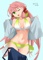 Rule 34 | 1girl, absurdres, akashi (kancolle), artist name, bare shoulders, bikini, blue background, blunt tresses, breasts, cleavage, collarbone, commentary request, cowboy shot, dated, gradient bikini, hair ribbon, hamukiyo, highres, kantai collection, large breasts, long hair, navel, official alternate costume, one eye closed, open clothes, open shirt, partial commentary, pink hair, ribbon, side-tie bikini bottom, simple background, skirt, unworn skirt, solo, swimsuit, tongue, tongue out, tress ribbon, very long hair