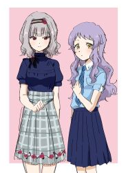Rule 34 | 2girls, alternate hair length, alternate hairstyle, blue necktie, blue shirt, blue skirt, border, breasts, checkered clothes, checkered skirt, commentary, dot nose, expressionless, flat chest, floral print, grey hair, grey skirt, hairband, hand on own chest, hand up, highres, idolmaster, idolmaster million live!, iori (mu tairiku iori), light blush, long hair, looking at another, looking at viewer, makabe mizuki, medium breasts, multiple girls, necktie, parted lips, pink background, pleated skirt, purple hair, red eyes, shijou takane, shirt, short hair, short sleeves, sidelocks, skirt, smile, wavy hair, white border, wing collar, yellow eyes