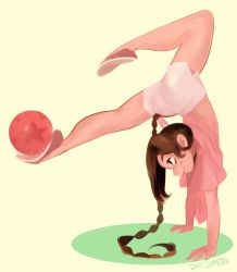 Rule 34 | 1girl, avatar: the last airbender, avatar legends, ball, brown hair, dolphin shorts, flexible, handstand, highres, long hair, philtomato, shorts, source request, ty lee, white shorts