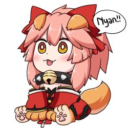 Rule 34 | 1girl, animal ear fluff, animal ears, animal hands, bell, blush, cat paws, collar, fang, fate/grand order, fate (series), fox ears, fox girl, fox tail, gloves, hair ribbon, japanese clothes, jingle bell, keita naruzawa, kimono, neck bell, open mouth, paw gloves, paw shoes, pink hair, ponytail, red kimono, red ribbon, ribbon, sitting, solo, speech bubble, tail, tamamo (fate), tamamo cat (fate), tamamo cat (first ascension) (fate), transparent background, yellow eyes