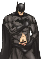 Rule 34 | 1boy, absurdres, bara, batman, censored, dc comics, drooling, erection, highres, male focus, muchi yuki, muscular, penis, simple background, solo, undressing, white background