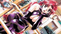 Rule 34 | 1girl, artist request, black thighhighs, breasts, chair, cigarette, cleavage, cleavage cutout, clothing cutout, crossed legs, dutch angle, earrings, elbow gloves, game cg, garter straps, gloves, indoors, jewelry, kono yo no hate de koi wo utau shoujo yu-no, large breasts, long hair, open mouth, panties, pc-98 (style), plant, red eyes, red hair, sitting, solo, table, takeda eriko, thighhighs, underwear, white panties