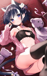 Rule 34 | 1girl, :q, animal ear fluff, animal ears, bear hair ornament, bed sheet, black bra, black choker, black hair, black panties, black thighhighs, blue eyes, blush, bra, candy, cat ears, chocolate, chocolate heart, choker, closed mouth, collarbone, commentary request, feet out of frame, food, futaba miwa, hair ornament, hand up, heart, holding, holding food, jacket, long sleeves, looking at viewer, lying, on back, open clothes, open jacket, original, panties, pink jacket, pink shorts, puffy long sleeves, puffy sleeves, short shorts, shorts, sleeves past wrists, smile, solo, stuffed animal, stuffed toy, teddy bear, thighhighs, thighs, tongue, tongue out, underwear, upshorts