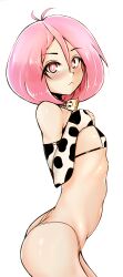 Rule 34 | 1girl, absurdres, animal print, antenna hair, arched back, ass, bare shoulders, bikini, blush, bob cut, bright pupils, butt crack, chromatic aberration, closed mouth, collar, cow print, cow print bikini, cowbell, cowboy shot, detached sleeves, emoji, female focus, fir3born, flat chest, from side, hair between eyes, hand on own chest, hand up, highres, looking at viewer, matching hair/eyes, micro bikini, neck bell, nose blush, original, pink eyes, pink hair, print bikini, ribs, short hair, sidelocks, simple background, solo, standing, string bikini, swimsuit, thonk (fir3born), white background, white pupils