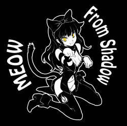 Rule 34 | 1girl, black hair, blake belladonna, boots, bow, cat tail, english text, female focus, full body, hair bow, highres, iesupa, monochrome, nairofu, navel, paw pose, rwby, simple background, solo, spot color, tail, yellow eyes