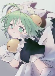 Rule 34 | 1girl, :3, ad, ahoge, animal ears, animal hat, apron, bell, black dress, blush, cat ears, cat hat, closed mouth, commentary request, dejiko, di gi charat, dress, green eyes, green hair, hair bell, hair between eyes, hair ornament, hand up, hat, head tilt, highres, jingle bell, looking at viewer, looking to the side, maid apron, mittens, nose blush, puffy short sleeves, puffy sleeves, sha2mo, short hair, short sleeves, solo, white apron, white hat, white mittens