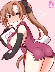 Rule 34 | 1girl, akigumo (kancolle), artist logo, ass, black gloves, blush, breasts, brown hair, china dress, chinese clothes, dated, disembodied limb, drawing tablet, dress, elbow gloves, gloves, gradient background, green eyes, hair ribbon, heart, holding, holding drawing tablet, holding stylus, kanon (kurogane knights), kantai collection, large breasts, long hair, looking at viewer, looking back, one-hour drawing challenge, pink background, pink dress, ponytail, ribbon, stylus