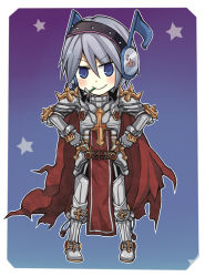 Rule 34 | 1boy, armor, armored boots, blue background, boots, breastplate, cape, chibi, closed mouth, commentary request, flower, flower in mouth, full body, gauntlets, gradient background, grey hair, hair between eyes, headphones, leg armor, looking at viewer, lowres, musical note, pauldrons, poring, purple background, ragnarok online, red cape, reona amane, rune knight (ragnarok online), short hair, shoulder armor, smile, solo, spiked pauldrons, standing, star (symbol), white flower