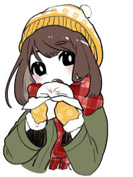 Rule 34 | 1girl, beanie, black eyes, bright pupils, brown hair, coat, food, green coat, hat, holding, holding food, long hair, long sleeves, machigami yoh, mittens, open mouth, original, plaid, plaid scarf, print headwear, print mittens, red scarf, scarf, simple background, solo, white background, white pupils, winter clothes, yellow hat, yellow mittens