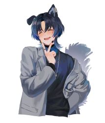 Rule 34 | 1girl, absurdres, animal ears, blue eyes, blue hair, blue shirt, blue sweater, closed eyes, collared shirt, cropped torso, dark blue hair, dog ears, dog tail, facing viewer, grey jacket, hand in pocket, highres, hiodoshi ao, hololive, hololive dev is, jacket, jewelry, kemonomimi mode, ktea, long sleeves, mole, mole under eye, nail polish, necklace, off shoulder, open clothes, open jacket, open mouth, ring, shirt, short hair, simple background, smile, solo, sweater, tail, teeth, upper body, upper teeth only, v, virtual youtuber, white background