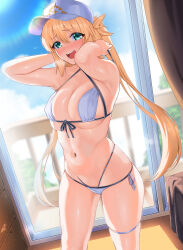 Rule 34 | 1girl, artoria caster (fate), artoria caster (swimsuit) (fate), artoria caster (swimsuit) (first ascension) (fate), artoria pendragon (fate), bare arms, bare shoulders, bikini, blonde hair, blush, breasts, cleavage, commentary request, fate/grand order, fate (series), front-tie bikini top, front-tie top, green eyes, hat, highres, indoors, kisaragi tsurugi, large breasts, long hair, looking at viewer, navel, open mouth, side-tie bikini bottom, sideboob, solo, stomach, sweat, swimsuit, thigh strap, thighs, underboob, white bikini, white hat