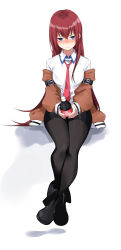 Rule 34 | 1girl, absurdres, arm belt, belt, belt buckle, black belt, black footwear, black pantyhose, black shorts, blue eyes, blush, bottle, brown jacket, buckle, closed mouth, cola, collared shirt, commentary request, crossed ankles, female focus, full body, hair between eyes, highres, holding, holding bottle, ichiki 1, jacket, pantyhose under shorts, long hair, long sleeves, looking at viewer, makise kurisu, necktie, nose blush, off shoulder, open clothes, open jacket, pantyhose, red hair, red necktie, shirt, short shorts, shorts, simple background, sitting, sleeve cuffs, solo, steins;gate, straight hair, very long hair, white background, white shirt