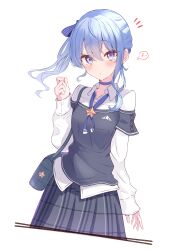 Rule 34 | 1girl, absurdres, arm at side, bag, black shirt, black skirt, blue choker, blue eyes, blue hair, blue ribbon, blush, breasts, choker, closed mouth, collared shirt, dot nose, dutch angle, hair between eyes, hair ribbon, hand up, handbag, highres, hololive, hoshimachi suisei, long hair, long sleeves, looking at viewer, neck ribbon, nishiki yuno, notice lines, off-shoulder shirt, off shoulder, open collar, plaid, plaid skirt, pleated skirt, ribbon, shirt, side ponytail, sidelocks, simple background, skirt, sleeves past wrists, small breasts, solo, virtual youtuber, white background, white shirt