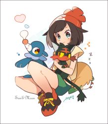 Rule 34 | 1girl, animal ears, animal hands, arm up, artist name, auko, beanie, bird, black hair, blue eyes, blush, bubble, cat, cat ears, cat tail, colored sclera, creatures (company), english text, feet, female focus, from behind, full body, game freak, gen 7 pokemon, green shorts, hand up, hat, heart, heart-shaped pupils, litten, looking back, looking to the side, nintendo, pokemon, pokemon (creature), pokemon sm, popplio, red eyes, red footwear, red headwear, rowlet, selene (pokemon), shirt, shoes, short hair, short sleeves, shorts, signature, simple background, sitting, smile, symbol-shaped pupils, tail, text focus, white background, yellow sclera, yellow shirt, zzz