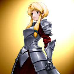 1girl armor armored_dress blonde_hair breastplate closed_mouth dress faulds gauntlets gradient_background highres minamoto80486 orange_eyes original red_dress short_hair_with_long_locks shoulder_armor smile solo