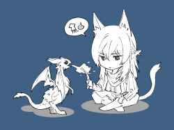 Rule 34 | 1boy, animal ears, blue background, cat boy, cat ears, cat tail, chibi, chibi only, crossed legs, elezen, elf, estinien varlineau, final fantasy, final fantasy xiv, frown, greyscale with colored background, long hair, male focus, morumoru (kuromrmr), orn khai, pointy ears, scarf, simple background, sitting, solo, speech bubble, tail